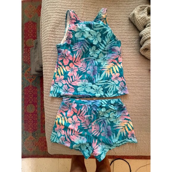 Floral High Neck Wide Straps Tankini Set With Shorts Size Large Blue Pink NWOT - Picture 4 of 14